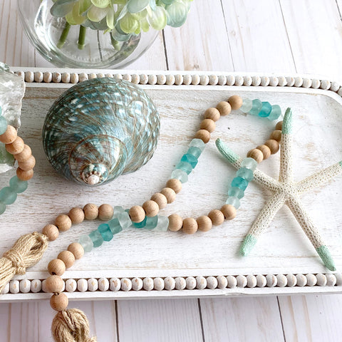 Coastal Home Decor with Wood & Glass Beads design 02 - Boho Bohemian Decor, Sea Glass Garland, Beaded Rope with wood glass Marine water ocean colors