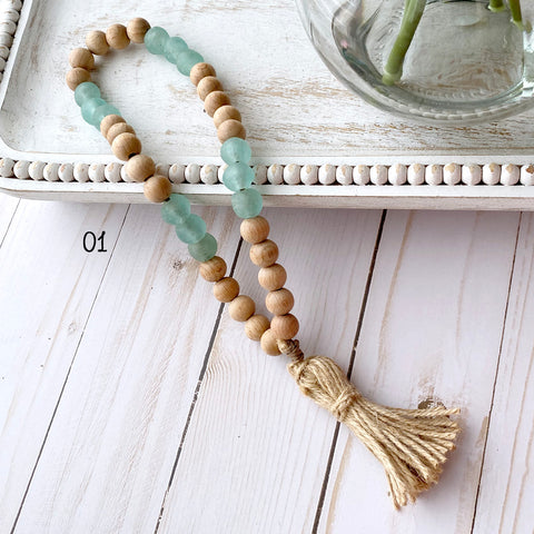 Coastal Home Decor with Wood & Glass Beads design 01 - Boho Bohemian Decor, Sea Glass Garland, Beaded Rope with wood glass Marine water ocean colors