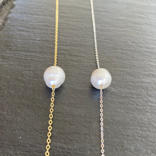 Genuine Freshwater Pearl Large Size Floating Pearl on Silver-Plated Chain or Gold-Plated Chain Necklace Handmade Boho Beach Jewelry