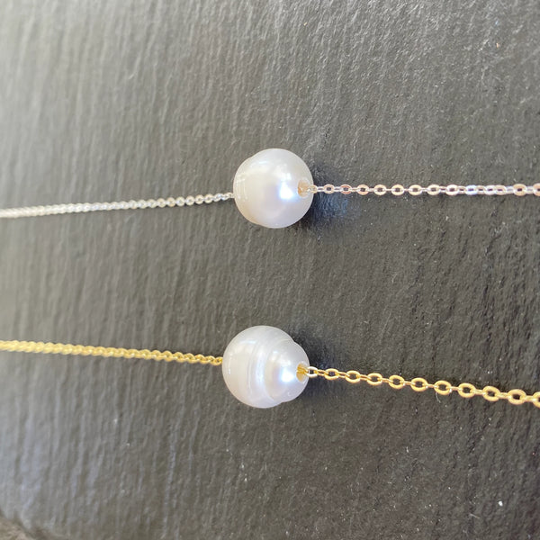 Genuine Freshwater Pearl Large Size Floating Pearl on Silver-Plated Chain or Gold-Plated Chain Necklace Handmade Boho Beach Jewelry