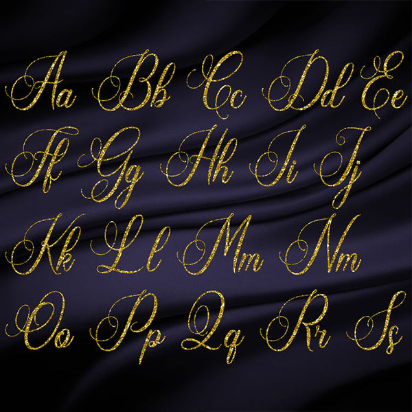 Letters Alphabet Script Gold Glitter 01 - These are Clip Art NOT Font - 26 PNG Transparent Images - Instant Download Digital Clip art