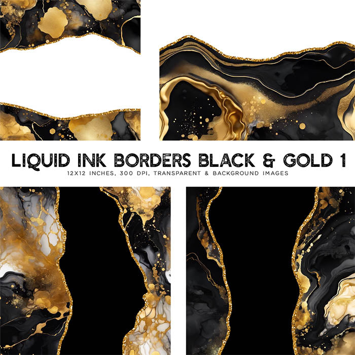 Liquid Ink Borders Black & Gold 1 Glitters - 8 High Resolution Images - Instant Download Digital Clip art