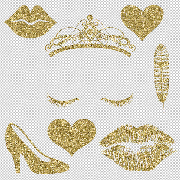 Objects Gold Glitter - 8 Transparent Objects - Crown Lips Heart Transparent PNG Overlays - Instant Download Digital Clipart