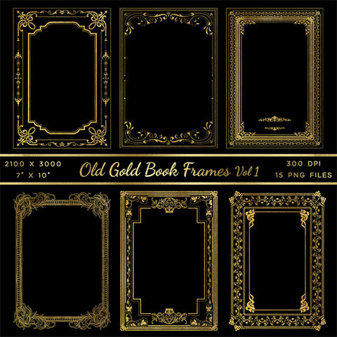 Old Gold Book Frames Volume 1 - 15 PNG Transparent Images - Instant Download Digital Clip art