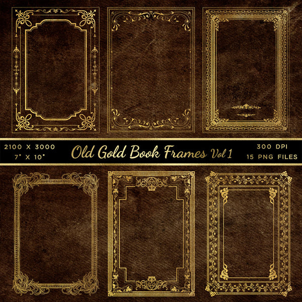 Old Gold Book Frames Volume 1 - 15 PNG Transparent Images - Instant Download Digital Clip art