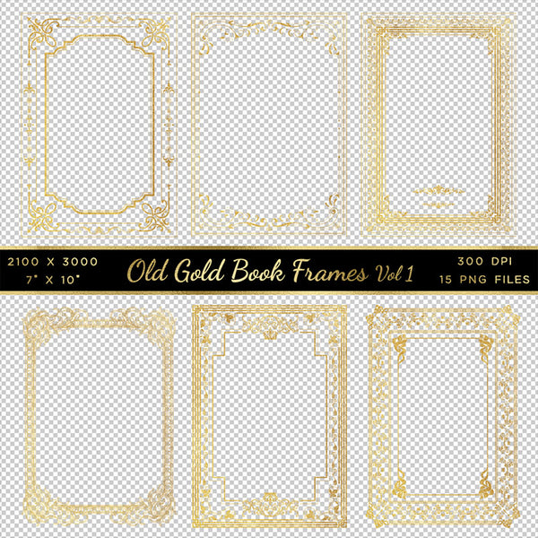 Old Gold Book Frames Volume 1 - 15 PNG Transparent Images - Instant Download Digital Clip art