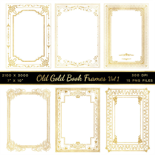 Old Gold Book Frames Volume 1 - 15 PNG Transparent Images - Instant Download Digital Clip art