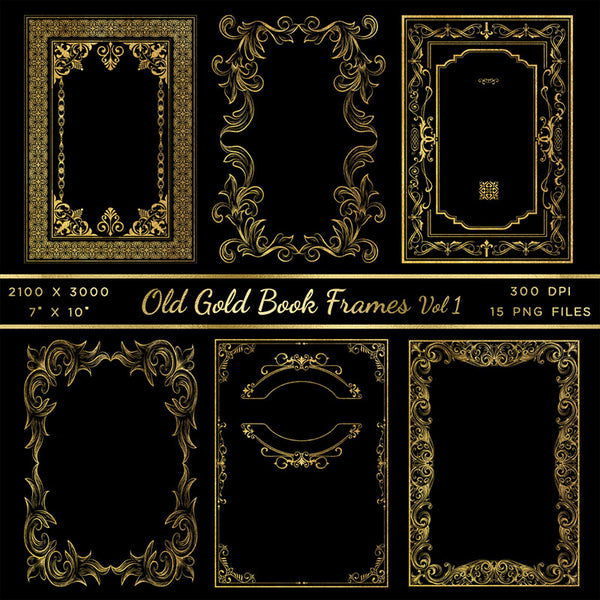 Old Gold Book Frames Volume 1 - 15 PNG Transparent Images - Instant Download Digital Clip art