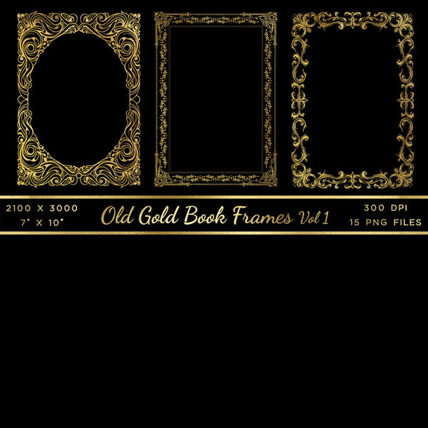 Old Gold Book Frames Volume 1 - 15 PNG Transparent Images - Instant Download Digital Clip art