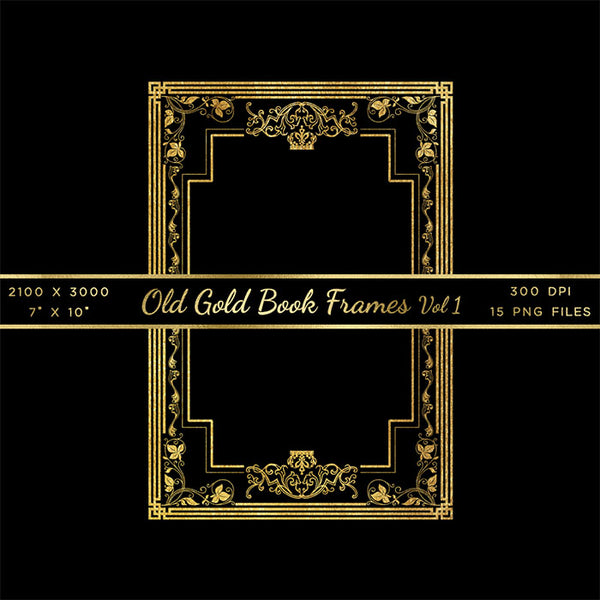 Old Gold Book Frames Volume 1 - 15 PNG Transparent Images - Instant Download Digital Clip art