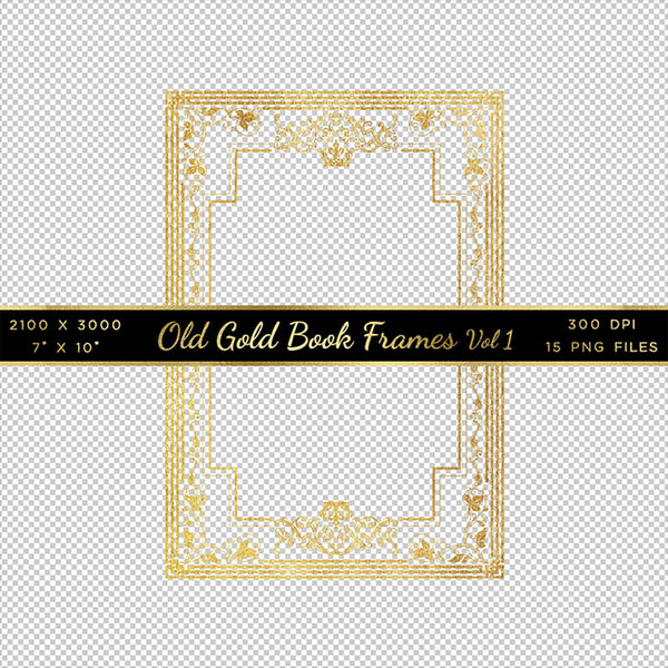 Old Gold Book Frames Volume 1 - 15 PNG Transparent Images - Instant Download Digital Clip art