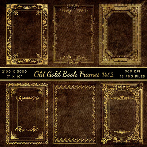 Old Gold Book Frames Volume 2 - 15 PNG Transparent Images - Instant Download Digital Clip art