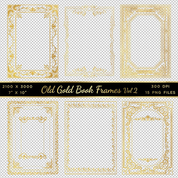 Old Gold Book Frames Volume 2 - 15 PNG Transparent Images - Instant Download Digital Clip art