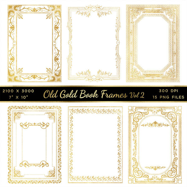 Old Gold Book Frames Volume 2 - 15 PNG Transparent Images - Instant Download Digital Clip art