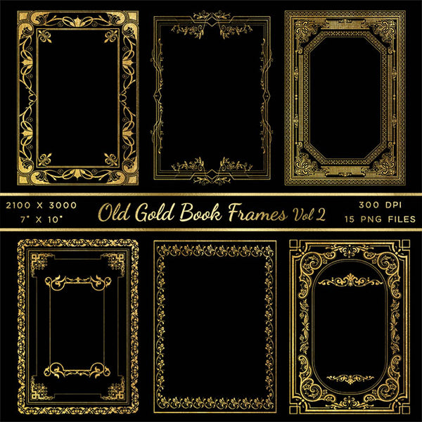 Old Gold Book Frames Volume 2 - 15 PNG Transparent Images - Instant Download Digital Clip art