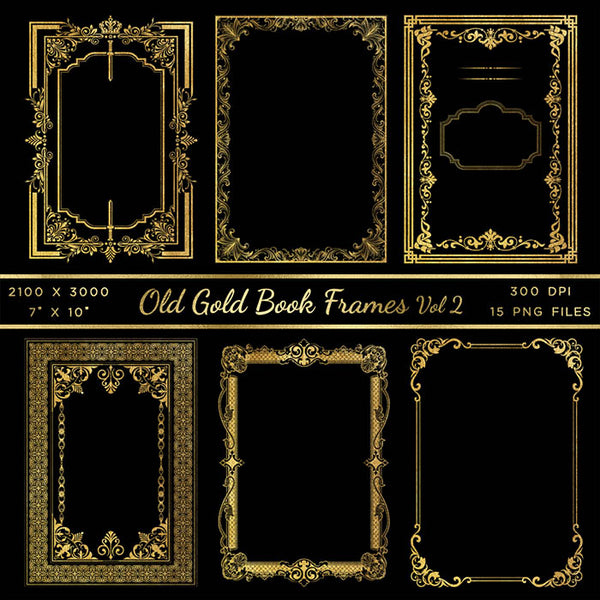 Old Gold Book Frames Volume 2 - 15 PNG Transparent Images - Instant Download Digital Clip art