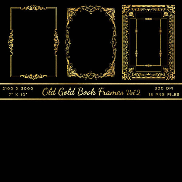 Old Gold Book Frames Volume 2 - 15 PNG Transparent Images - Instant Download Digital Clip art