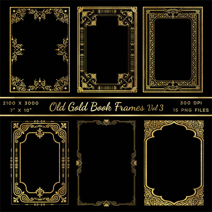 Old Gold Book Frames Volume 3 - 15 PNG Transparent Images - Instant Download Digital Clip art