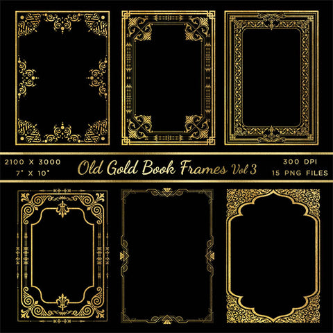 Old Gold Book Frames Volume 3 - 15 PNG Transparent Images - Instant Download Digital Clip art