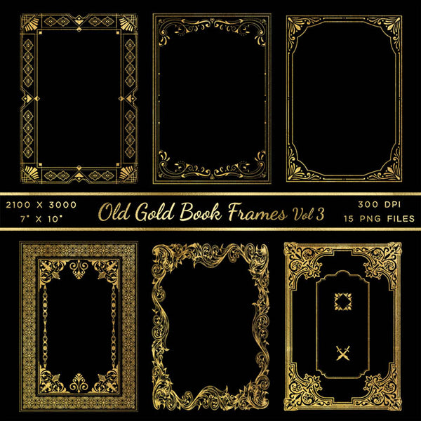 Old Gold Book Frames Volume 3 - 15 PNG Transparent Images - Instant Download Digital Clip art