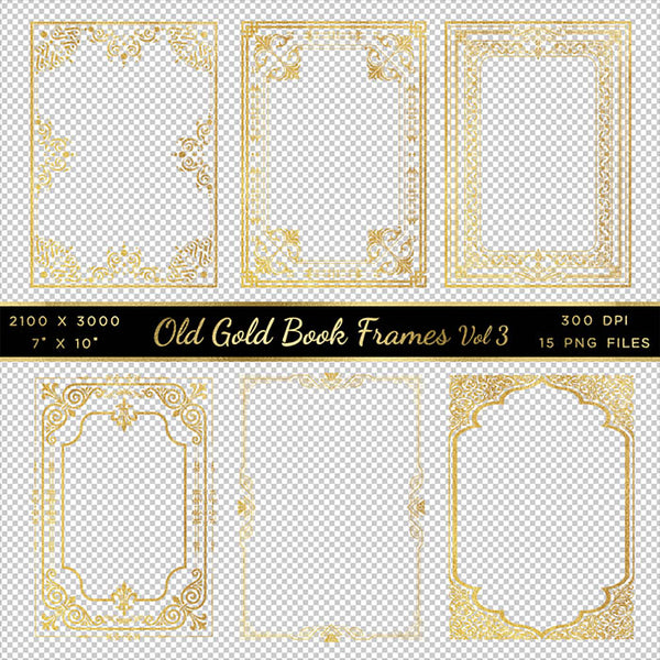 Old Gold Book Frames Volume 3 - 15 PNG Transparent Images - Instant Download Digital Clip art