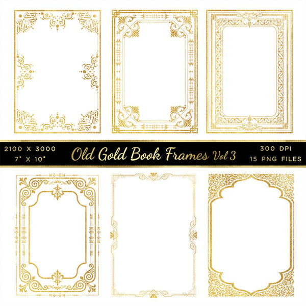 Old Gold Book Frames Volume 3 - 15 PNG Transparent Images - Instant Download Digital Clip art