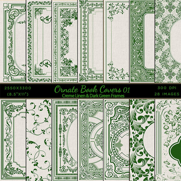 Ornate Book Covers with Spine Vol 1 Creme Linen & Dark Green Frames - 28 High Resolution Images - Instant Download Digital Clip art
