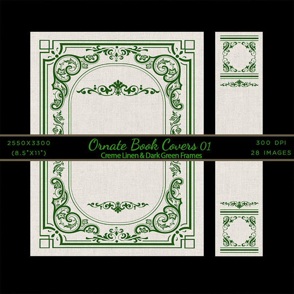 Ornate Book Covers with Spine Vol 1 Creme Linen & Dark Green Frames - 28 High Resolution Images - Instant Download Digital Clip art