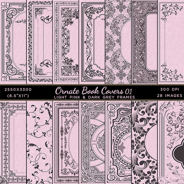 Ornate Book Covers with Spine Vol 1 Light Pink Linen & Dark Grey Frames - 28 High Resolution Images - Instant Download Digital Clip art
