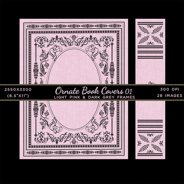 Ornate Book Covers with Spine Vol 1 Light Pink Linen & Dark Grey Frames - 28 High Resolution Images - Instant Download Digital Clip art
