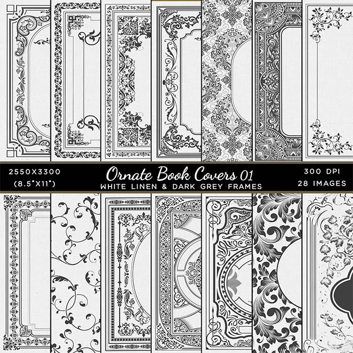 Ornate Book Covers with Spine Vol 1 White Linen & Dark Grey Frames - 28 High Resolution Images - Instant Download Digital Clip art