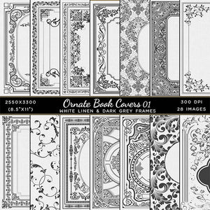 Ornate Book Covers with Spine Vol 1 White Linen & Dark Grey Frames - 28 High Resolution Images - Instant Download Digital Clip art