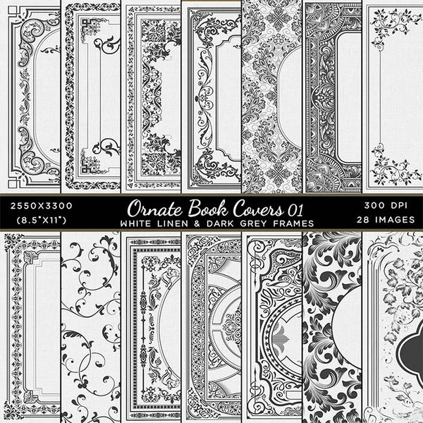 Ornate Book Covers with Spine Vol 1 White Linen & Dark Grey Frames - 28 High Resolution Images - Instant Download Digital Clip art