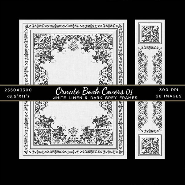 Ornate Book Covers with Spine Vol 1 White Linen & Dark Grey Frames - 28 High Resolution Images - Instant Download Digital Clip art