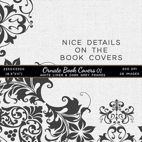 Ornate Book Covers with Spine Vol 1 White Linen & Dark Grey Frames - 28 High Resolution Images - Instant Download Digital Clip art