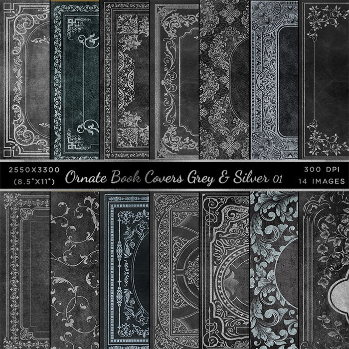 Ornate Book Covers with Spine - Greys & Silver Vol 1 - 28 High Resolution Images - Instant Download Digital Clip art