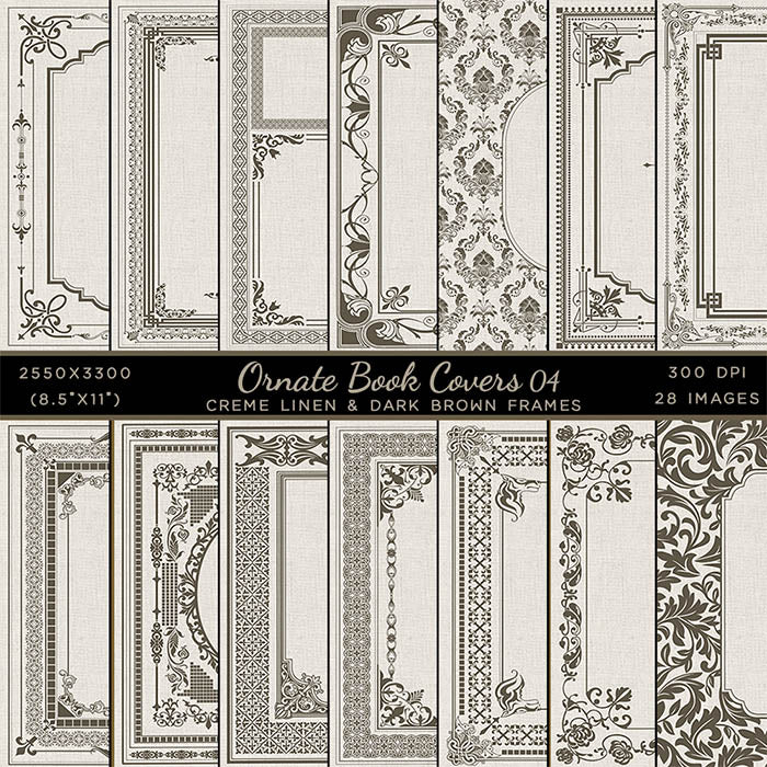 Ornate Book Covers with Spine Vol 4 Creme Linen & Dark Brown Frames - 28 High Resolution Images - Instant Download Digital Clip art