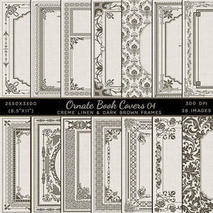 Ornate Book Covers with Spine Vol 4 Creme Linen & Dark Brown Frames - 28 High Resolution Images - Instant Download Digital Clip art
