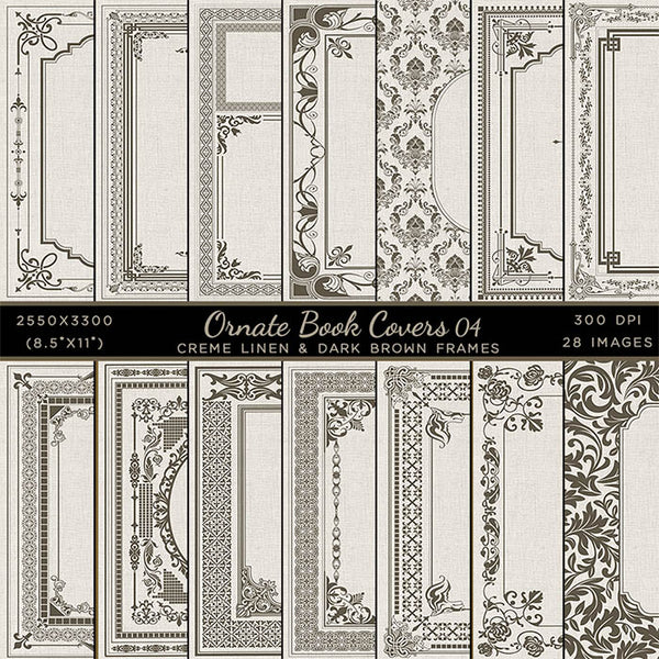 Ornate Book Covers with Spine Vol 4 Creme Linen & Dark Brown Frames - 28 High Resolution Images - Instant Download Digital Clip art