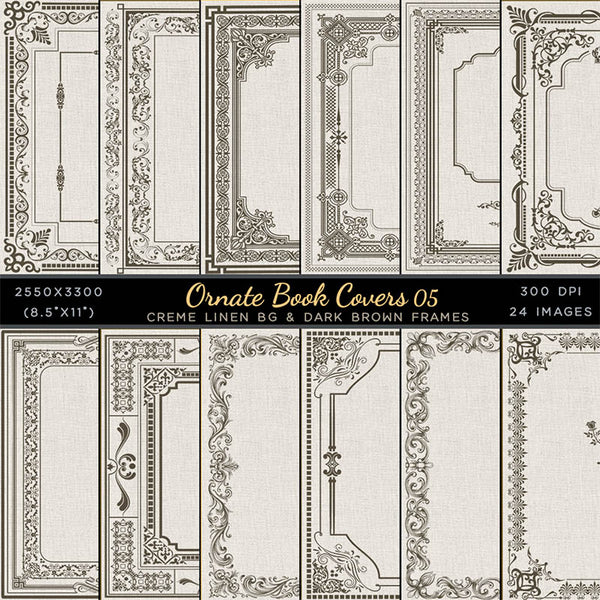 Ornate Book Covers with Spine Vol 5 Creme Linen & Dark Brown Frames - 24 High Resolution Images - Instant Download Digital Clip art