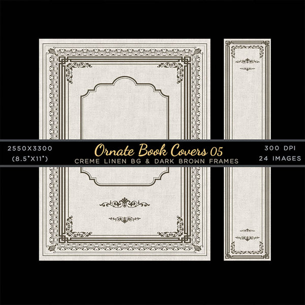 Ornate Book Covers with Spine Vol 5 Creme Linen & Dark Brown Frames - 24 High Resolution Images - Instant Download Digital Clip art