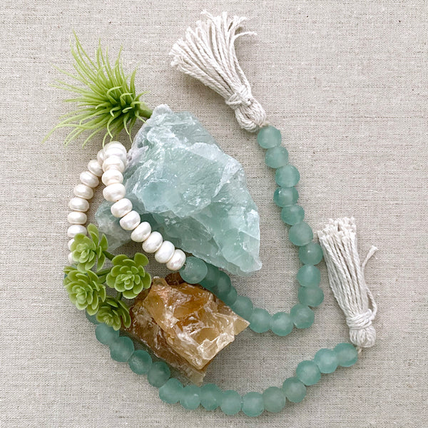 Coastal Home Decor with Genuine Freshwater Pearls & Glass Beads design 05 - Boho Bohemian Decor, Sea Glass Garland, Marine water ocean colors