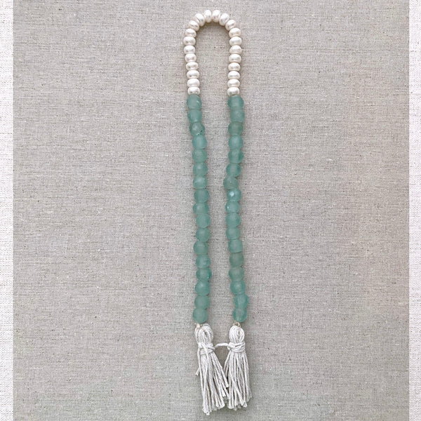 Coastal Home Decor with Genuine Freshwater Pearls & Glass Beads design 05 - Boho Bohemian Decor, Sea Glass Garland, Marine water ocean colors