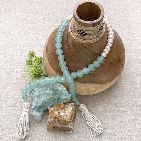 Coastal Home Decor with Genuine Freshwater Pearls & Glass Beads design 05 - Boho Bohemian Decor, Sea Glass Garland, Marine water ocean colors