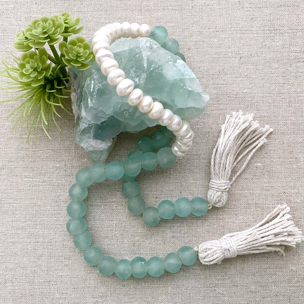 Coastal Home Decor with Genuine Freshwater Pearls & Glass Beads design 05 - Boho Bohemian Decor, Sea Glass Garland, Marine water ocean colors