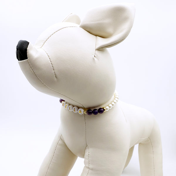 Custom Design 4A Pet Name Dog or Cat Necklace with Natural Gemstone, Glass Pearls, Personalized Collar Rhinestone and Gold Heart Charm Pendant Jewelry
