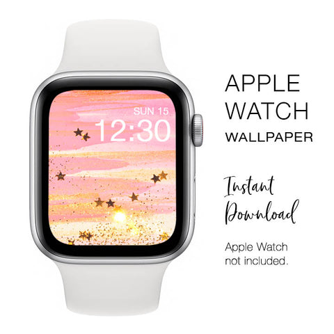 Apple Watch WALLPAPER - Pink Watercolor And Gold Stars Glitter - Instant Download - Watch Background Apple Watch face design