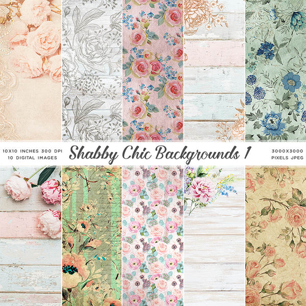 Shabby Chic Backgrounds 1 - 10 Backgrounds Flower Patterns High Resolution Images - Instant Download Digital Clip art
