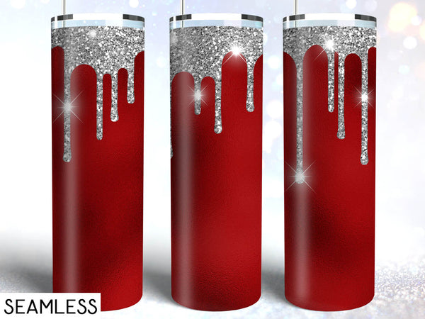 Tumbler Template Design - Silver Glitter Drips with Red Background PNG Sublimation 20 oz Skinny Tumbler High Resolution Instant Download Full Wrap Digital