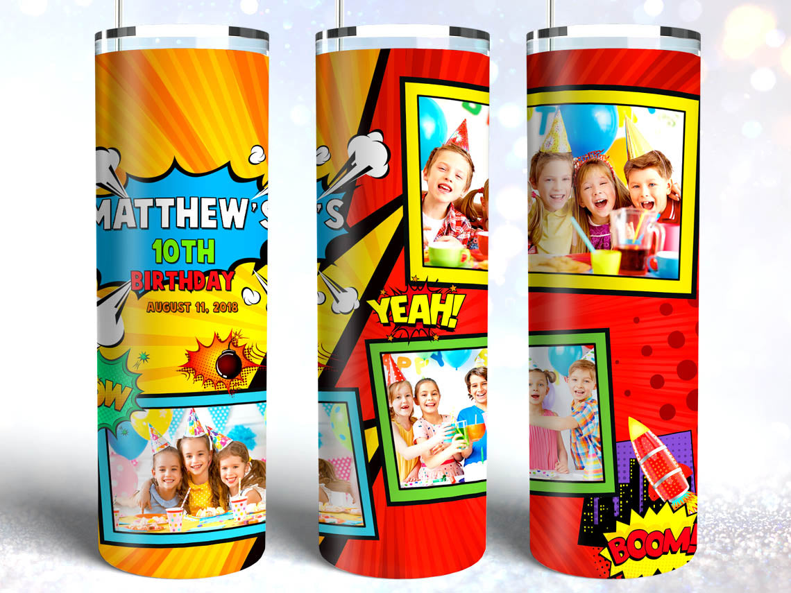 Tumbler Template Design - Superhero Kids Birthday Party Photo Collage PNG Sublimation 20 oz Skinny Tumbler High Resolution Instant Download Full Wrap Digital